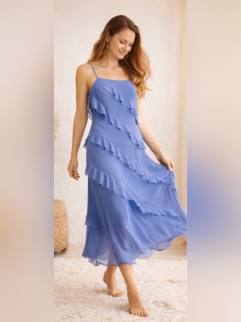 Lucy Paris Blue Ruffle Midi Dress – Size Large Romantic Flowy